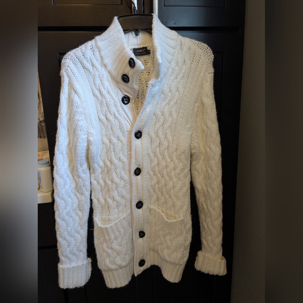 Button White Cable Knit Sweater